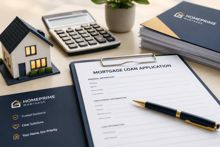 Mortgage loan application documents on a desk for HomePrime Mortgage licensing and disclaimer information